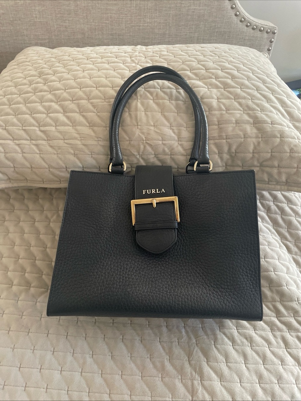Furla Black Pebbled Leather Satchel with Gold Buckle